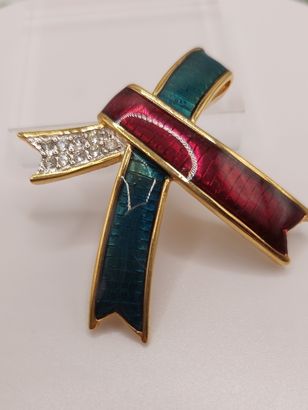 MONET Ribbon Brooch with Green & Burgundy Enamel and Pave Rhinestone Accents EUC